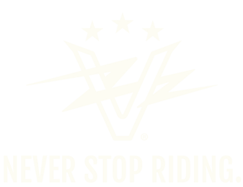 Vintage V lightning bolt logo. NEVER STOP RIDING.