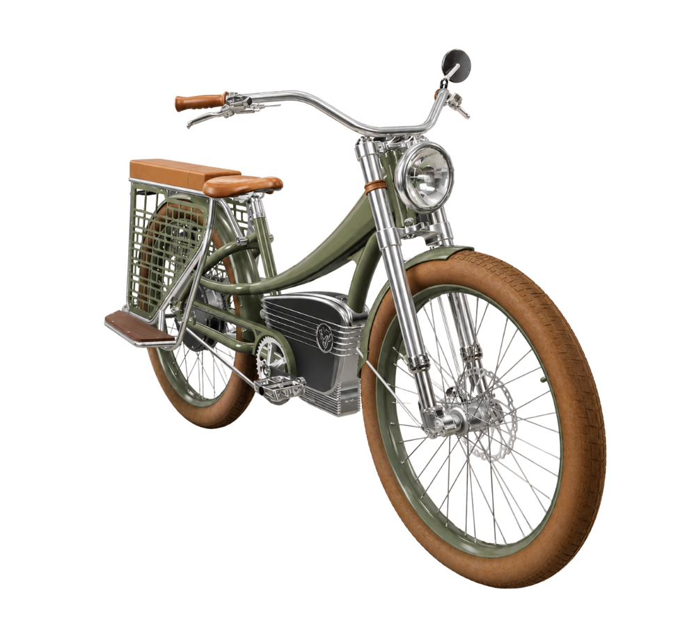 A vintage-style cruiser bicycle with an olive green frame, brown saddle and tires, and chrome metal components, isolated on a white background.