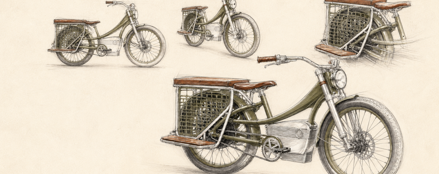 A vintage-style illustration showing multiple views of a cargo bicycle with a rear wire basket and step-through frame on a light beige background.